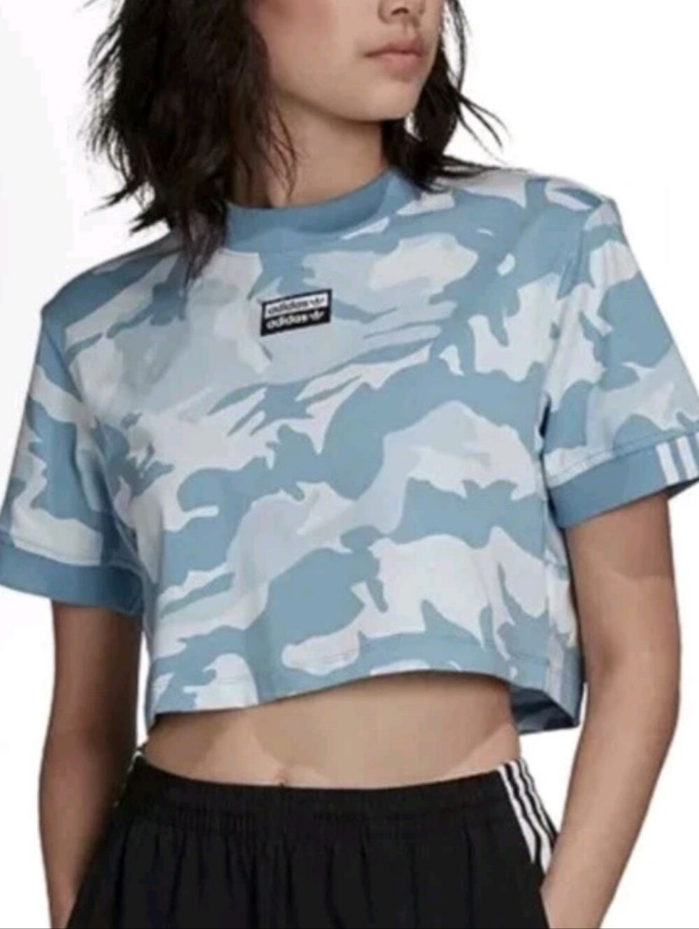 Adidas Originals Women’s Blue Camo Logo Short Sleeve Crop Cotton T-Shirt Size L